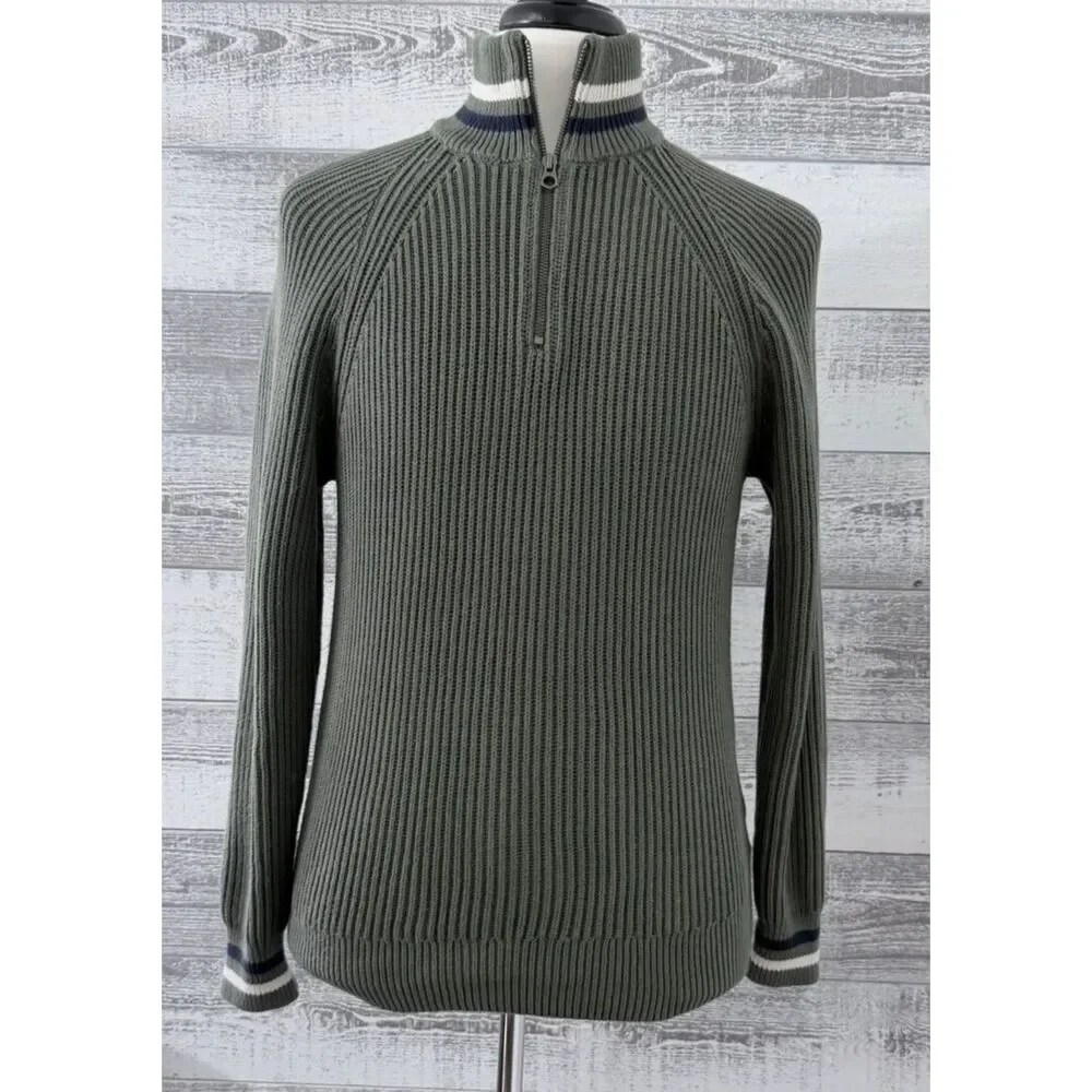 J CREW Knit Sweater Men M Green Ribbed Half-Zip Varsity Stripe Trim Cotton BC592